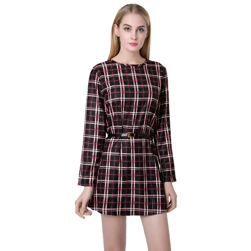 Nuove donne Mini abito Verifica Plaid Tartan Print zip O collo manica lunga Vintage ufficio vestito rosso caffè