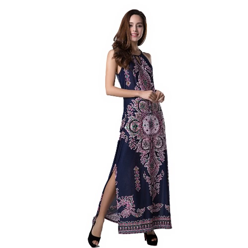 Sexy mujeres largo vestido Floral Print ahueque hacia fuera caído sisas Split dobladillo Bodycon vestido azul oscuro