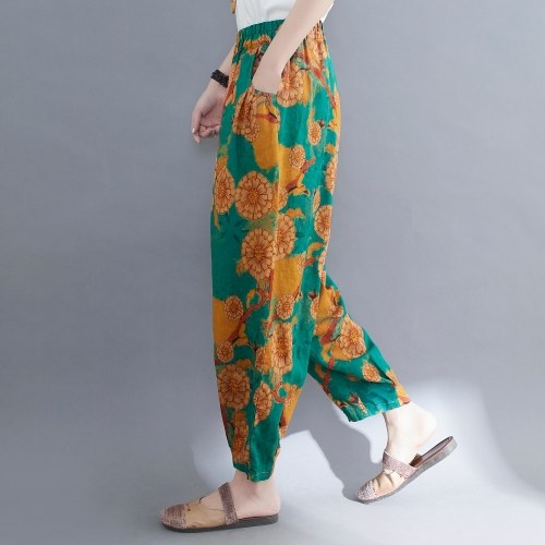 

Women Vintage Harem Pants Floral Bird Print Elastic Waist Side Pockets Jogger Pants Loose Casual Trousers