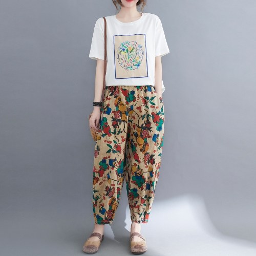 

Women Vintage Harem Pants Floral Bird Print Elastic Waist Side Pockets Jogger Pants Loose Casual Trousers