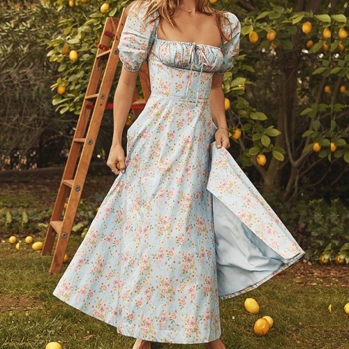 

Women Midi Dress Floral Print Puff Sleeve Square Collar Front Drawstring High Split Sexy Bodycon Dress for Beach Party