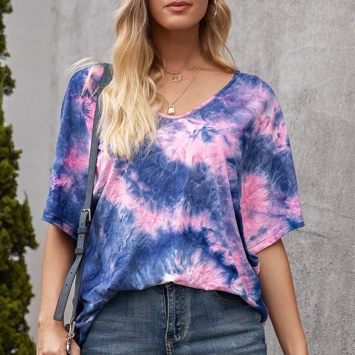 

Fashion Women T-shirt Tie Dye Print V Neck Half Batwing Sleeves Loose Casual Tee Tops