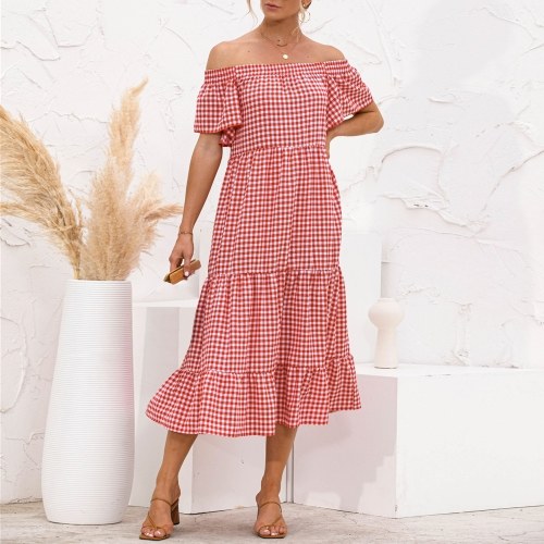 

Women Off the Shoulder Plaid Dress Slash Neck Holiday Boho Tiered Dress