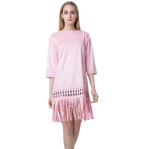 

Chic Women Faux Suede Round Neck Zipper Back Tassel Hem Flapper Shift Dress