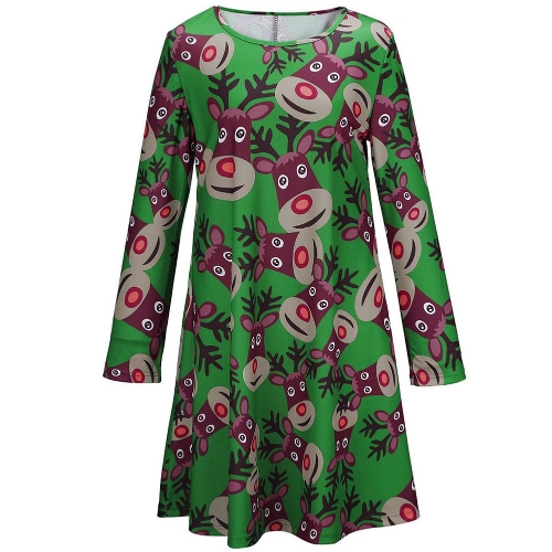 Nueva moda mujer impresión renos Mini vestido Color bloque redondo cuello manga larga verde/rojo/negro una pieza Linda