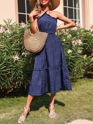 

Women Sleeveless Polka Dot Dress Halter High Waist Ruffles Casual Holiday Dress