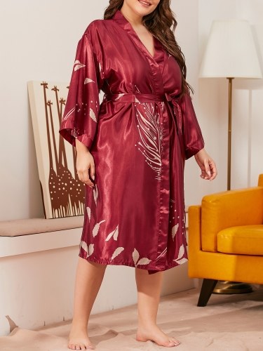 Women Kimono Robes Leaves Printed Cover Ups Plus Size Nightgown Bathrobes