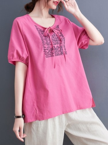 

Women Loose Blouse Embroidery Short Sleeved Plus Size Vintage Holiday T-Shirts