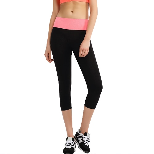 New Fashion Women Cropped Yoga Pants Contrast Elastic Waist Sports Fitness Trousers Running Capri Leggings