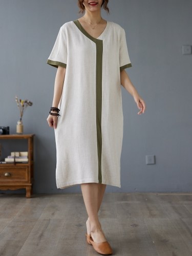 Women Loose Dress with Pockets Short Sleeved Straight Casual Dress