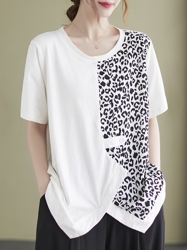 

Women Loose Blouse Leopard Splicing Short Sleeved Irregular T-shirts