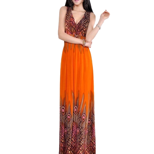

Bohemian V Neck Sleeveless Elastic Waist Women's Maxi Dress