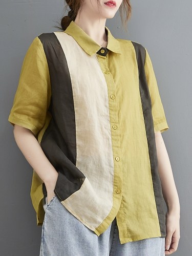 

Women Loose Shirts Striped Splicing Short Sleeved Buttons Vintage Casual Blouse