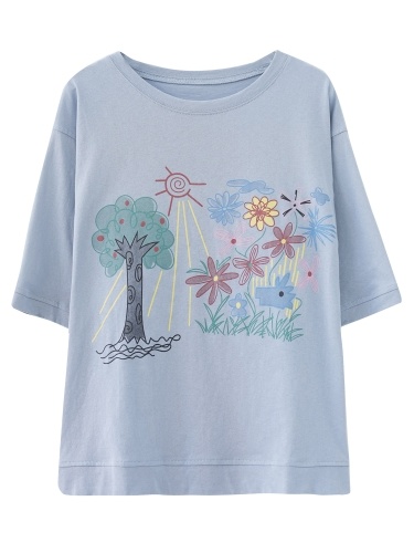 

Women Loose T-shirts Half Sleeve Floral Printed O Neck Casual T-shirts
