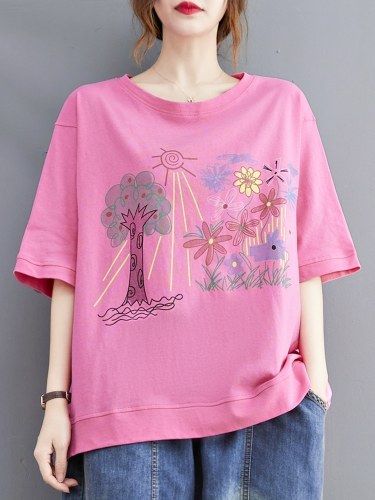 

Women Loose T-shirts Half Sleeve Floral Printed O Neck Casual T-shirts