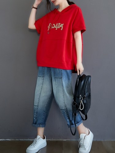 

Women Loose Hoodie Short Sleeved Numbers Embroidery T-Shirts