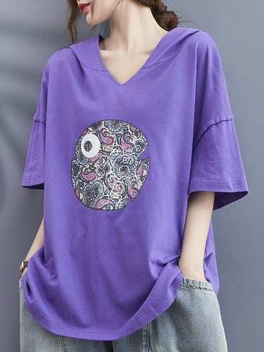 

Women Loose T-shirt Hooded V Neck Half Sleeves Vintage Printed Tees