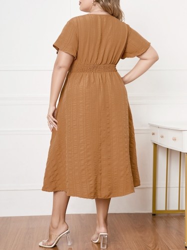 

Women Plus Size Dress Short Sleeve Elastic High Waist Plaid Casual Dress