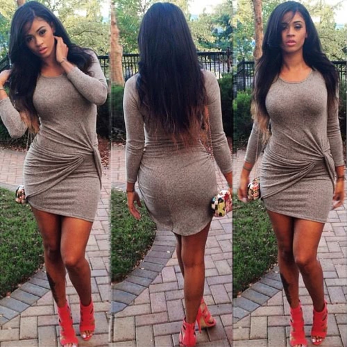 

Sexy Round Neck 3/4 Sleeve Twist Front Irregular Hem Club Dress for Women