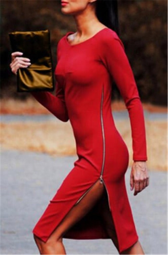

Sexy Women Dress Side Split Plunging Zipper O-Neck Long Sleeve Bodycon Dress Red / Dark Blue
