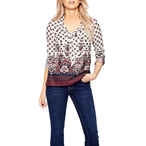 New Europe Women Blouse Retro Print Bow V-Neck Long Sleeve Casual Shirt Tops White