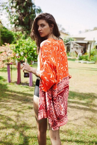 

New Fashion Women Cardigan Open Front Contrast Print Half Sleeve Kimono Orange