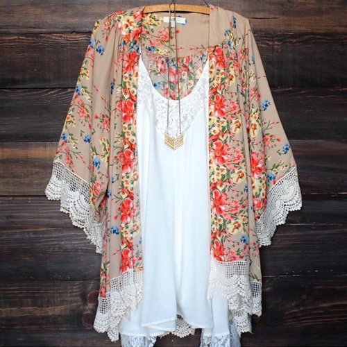 

Vintage Floral Print Кружева Hem Boho Шифон Кимоно