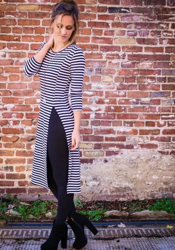 Casual Round Neck Long Sleeve Split Hem Slim Stripe Dress for Women
