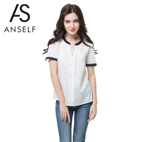 

Anself Fashion Contrast V Neck Split Short Sleeve Women's Chiffon White Blouse