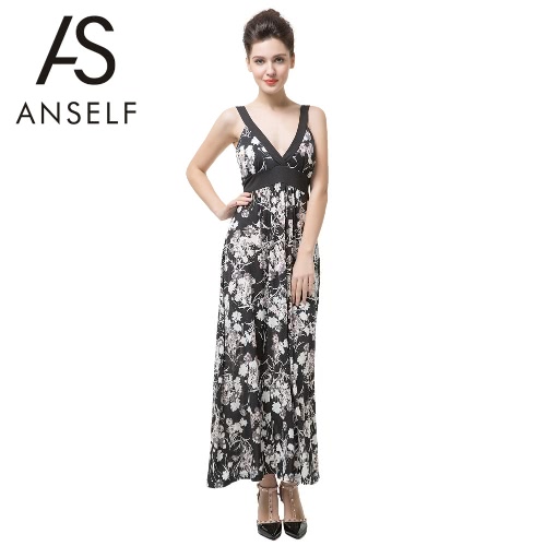 Anself Floral Print Deep V Neck Sleeveless Padding Women's Maxi Beach Dress