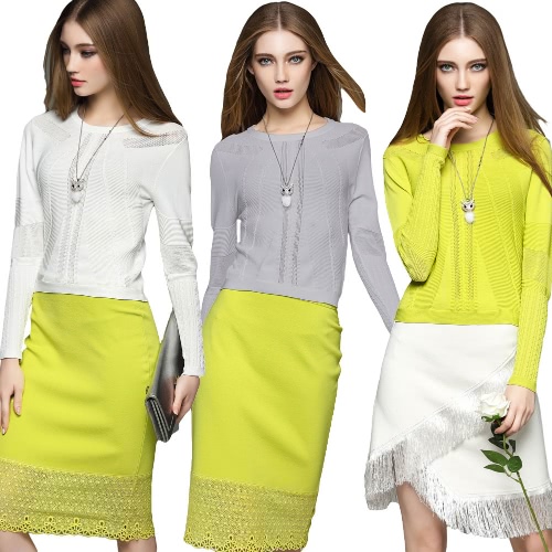 

New Fashion Women Knit Sweater Ribbed Trims Round Neck Long Lantern Sleeve Short Pullover White/Gray/Yellow