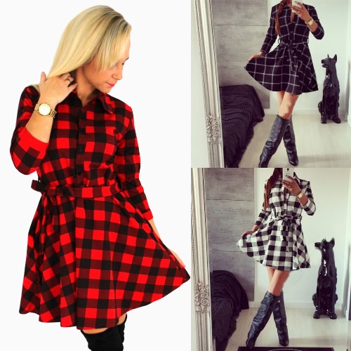 

Plaid Turn-Down Collar 3/4 Sleeve Sashes Retro Belted Mini Dress