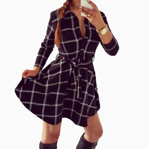 Nueva moda mujeres Plaid vestido dé vuelta-abajo cuello 3/4 manga fajas Retro con cinturón vestido Mini blanco/rojo/negro