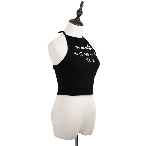 

New Fashion Women Crop Top Letter Print Sleeveless Backless Halter Tank Top Vest T-Shirt Black