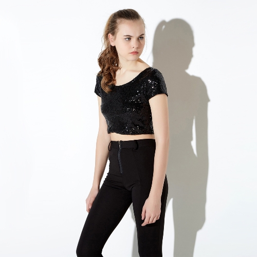 

Sexy Sequined Backless Round Neck Short Sleeve Crop Top
