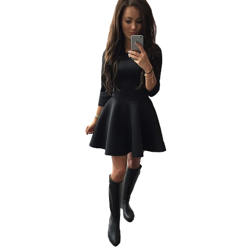 

Fashion Women Dress O-Neck 3/4 Sleeve Back Zipper Solid Color Party A-lined Mini Dress Black/Red/Grey