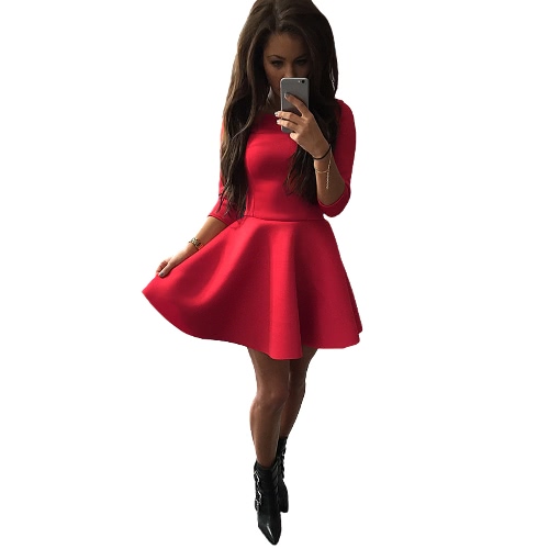 

Fashion Women Dress O-Neck 3/4 Sleeve Back Zipper Solid Color Party A-lined Mini Dress Black/Red/Grey