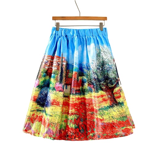 Fahion Women Midi Skirt Rural Printing Pleated Zipper Elegant A-Line Ball Gown Skirt Blue