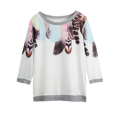 

Casual Pullover Feather Print 3/4 Sleeve Sweatshirt