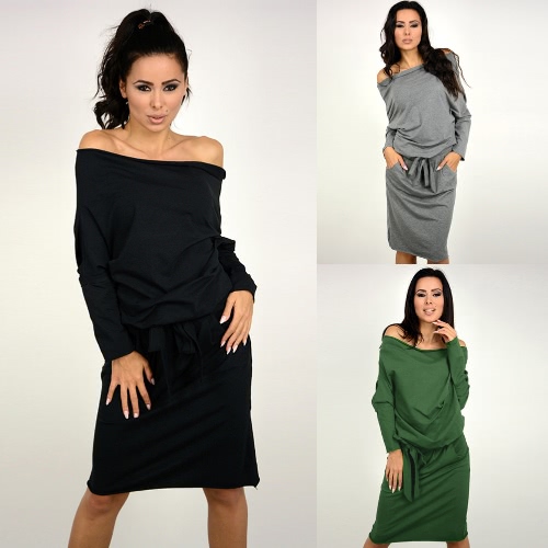 

New Sexy Women Dress Slash Neck Off Shoulder Long Sleeve With Belt Loose Casual Bandage Mini Dress
