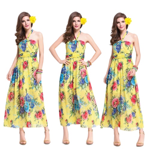 

Summer Women Chiffon Dress Halter Floral Print Tie Waist Long Boho Beach Sundress Yellow