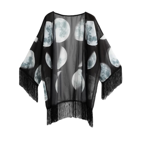 

Vintage Women Chiffon Kimono Star Print 3/4 Bat Sleeves Loose Sheer Cardigan Outerwear Blouse Black