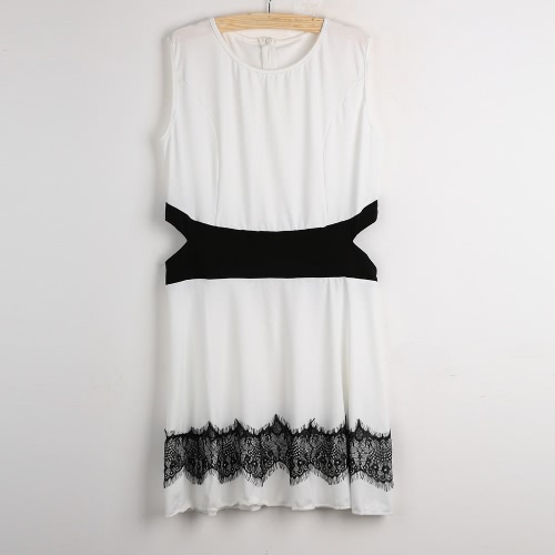 

Sexy Women Mini Dress Cut Out Contrast Lace Sleeveless A-Line O Neck Back Zip Skater Dress Sundress White/Black