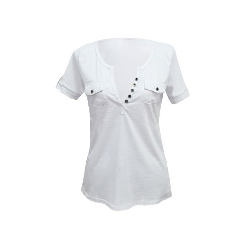 

Sexy Deep V-Neck Short Sleeve Button Embellished Slim T-shirt