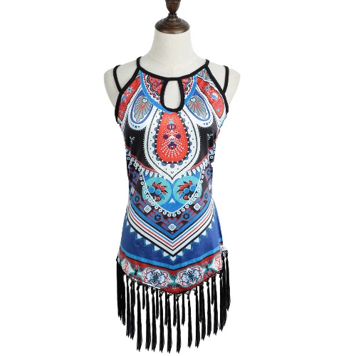 New Fashion Women Tank Top Geometric Print Tassel Hem Hollow Out Design Ethnic Vest Blue