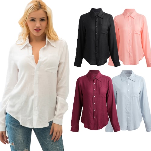 

Fashion Women Shirt Point Collar Long Sleeve Button Pocket Solid Color Blouse