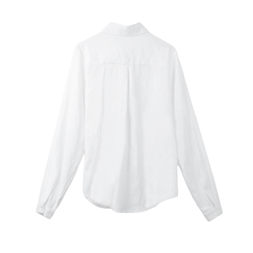 

Fashion Women Shirt Point Collar Long Sleeve Button Pocket Solid Color Blouse White