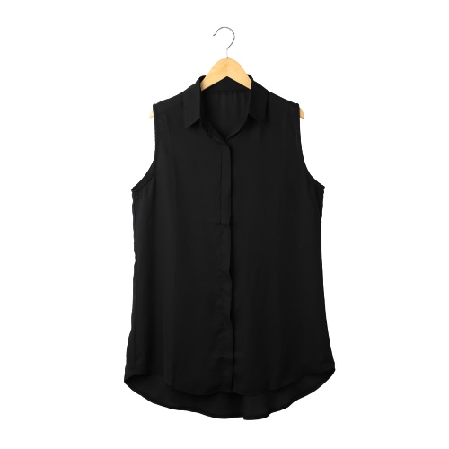 

Fashion Sleeveless Asymmetrical Hem Turn-Down Collar Chiffon Blouse