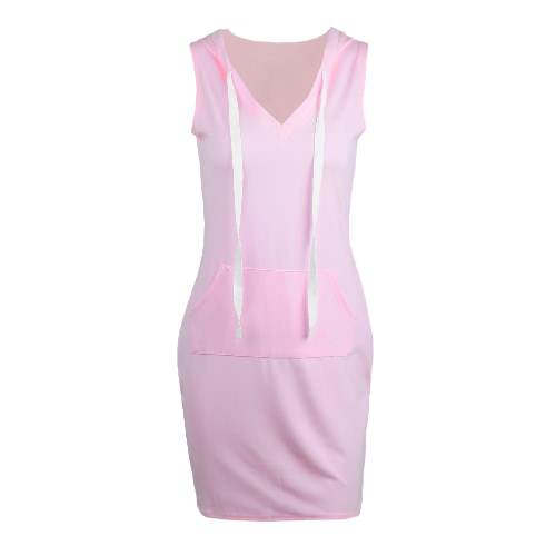 

Casual V-Neck Sleeveless Solid Color Mini Hooded Sports Pink Dress