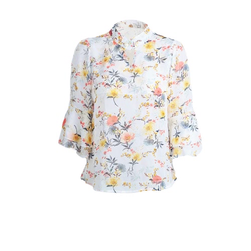 

Sheer Floral Print Cut Out Front Stand Collar Flare Sleeve Chiffon Blouse